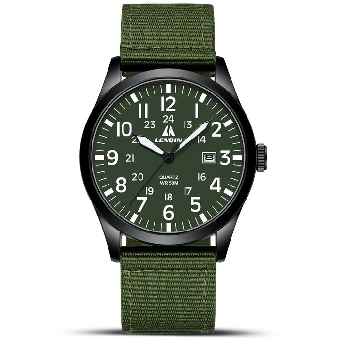 Годинник чоловічий LN LENQIN Military 30M водонепроникні годинники з датою, тактичний годинник для спорту, армійський стиль, ремінець з нейлону (зелений, чорний, білий)