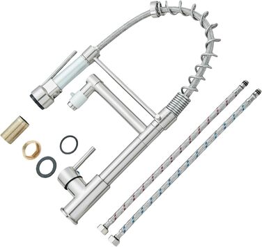 Кухонний змішувач з двома виливами, поворотний на 360°, з високим виливом та спіральною шланговою насадкою. Змішувач для кухні з нержавіючої сталі, оброблений під мідь (щіткова обробка).