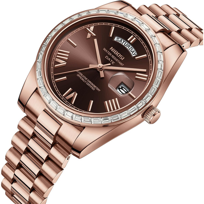 Годинник NIBOSI чоловічий аналоговий кварцовий з діамантовою безелем, сталевий циферблат, рожеве золото, срібло, водостійкий бізнес-класичний годинник з датою (рожево-коричневий)