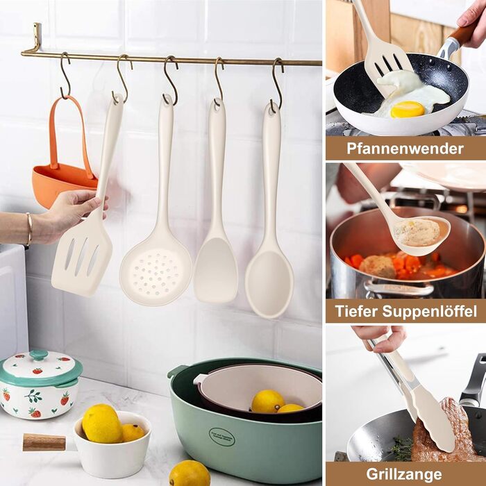 Набір кухонних аксесуарів Joyfair, 15 предметів, силікон, кухонне приладдя, стійке до нагріву, антипригарне, для посуду, з підставкою, придатне для миття в посудомийній машині (Хакі)