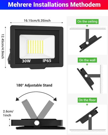 LED прожектори Nipify з датчиком руху для вулиці, 2 шт., 30W 3000Лм, IP65, холодне біле світло 6500K, кабель 100 см, для складу, саду, готелю, дворів (30W-RGB)
