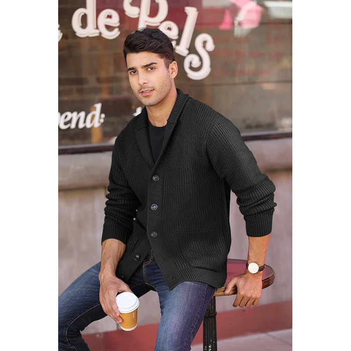 Чоловічий кардиган Runcati з грубого в'язання, великий розмір XL, з коміром-шарфом, на ґудзиках, стильний, чорний