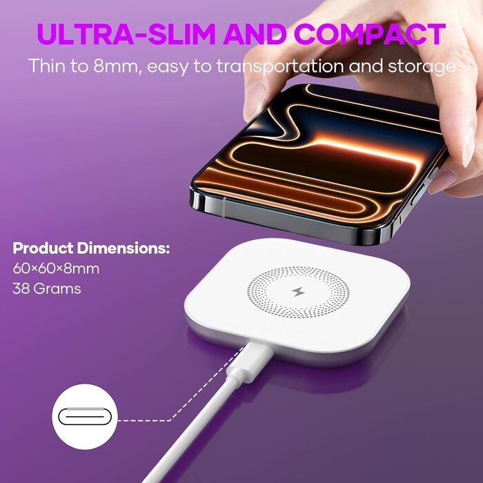 Магнітний зарядний пристрій MagSafe для iPhone: бездротова зарядка, сумісна з iPhone 17, 16, 15, 14, 13, 12, Air-Pods 4, 3, 2, Pro (білий)