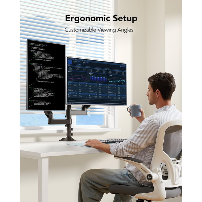 Кріплення для монітора HUANUO - 2 монітори, 13-32 дюйми, для геймінгу, регулювання висоти, настінна, VESA 75/100mm