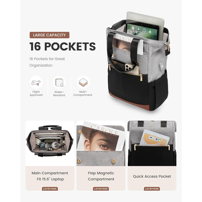 LOVEVOOK Рюкзак для жінок, шкільний рюкзак для ноутбука, водонепроникний, 15.6 дюймів, для роботи, навчання, подорожей, універсальний 2 в 1, стильний, бежевий та хакі