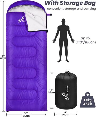 Спальний мішок Outdoor Sportneer для дорослих та дітей - легкий, портативний, для кемпінгу, походів, рюкзаків, 220x75см, фіолетовий