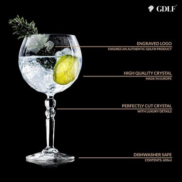GDLF® Gin Glass Set made of high-quality crystal - Handcrafted - 2 Gin Tonic glasses & double-sided bar measure Black, Aperol spritz glasses, cocktail glasses, Made in Italy