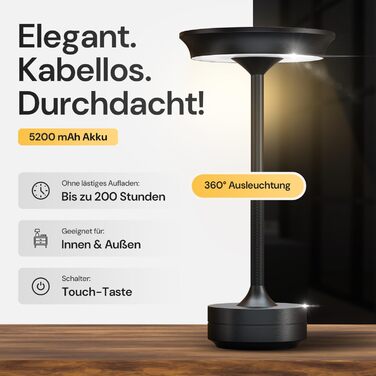 LED настільна лампа бездротова - стильний дизайн з акумулятором та USB-C - 3 кольори світла та диммування - бездротова свобода для дому та вулиці - акумуляторна лампа з регулюванням яскравості (Чорний)