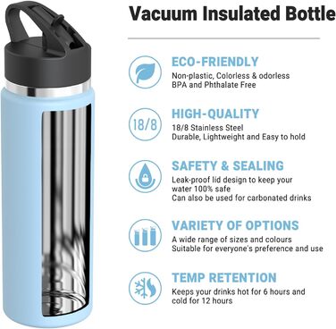 AORIN Stainless Steel Water Bottle, 500ml/750ml/1L Leak-Proof Water Bottle with Straw, BPA-Free Drinking Bottle for Kids, Vacuum-Insulated Thermos for Sports, School, Fitness, Outdoors