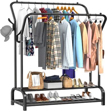 LOEFME Clothes Rack, 110 * 35 * 146cm Clothes Rack Stable Freestanding Clothes Rail, Double Rod Multifunctional Bedroom Clothes Rack, Minimalism Clothes Rod Black