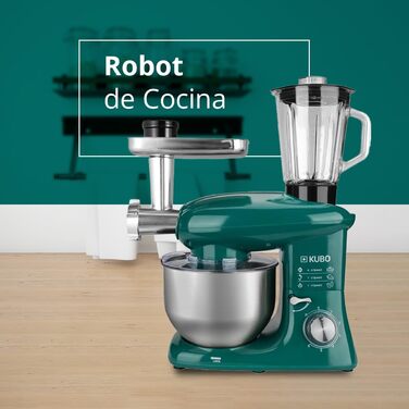 Kubo Food Processor - 7 Accessories: Mixing Bowl, Meat Grinder, Large Bowl, Protective Lid, Whisk, Mixer, and Dough Hook - Color: Green - Capacity: 6 Liters