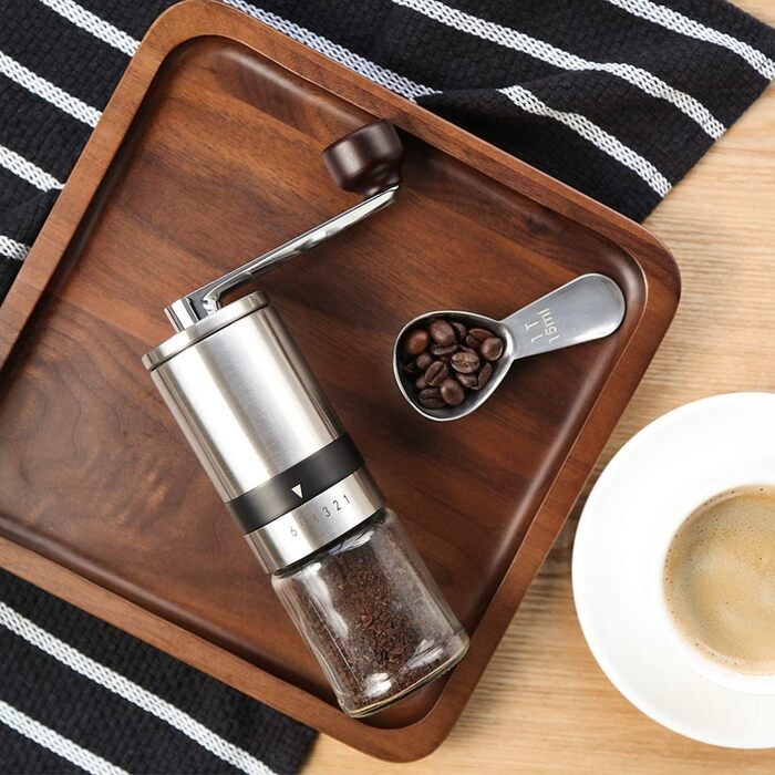 VIENESSA Coffee Grinder Manual/Hand with Ceramic Burr | manual coffee and espresso grinder with 6 grind settings | hand coffee grinder made of stainless steel and glass container + E-Book (silver)