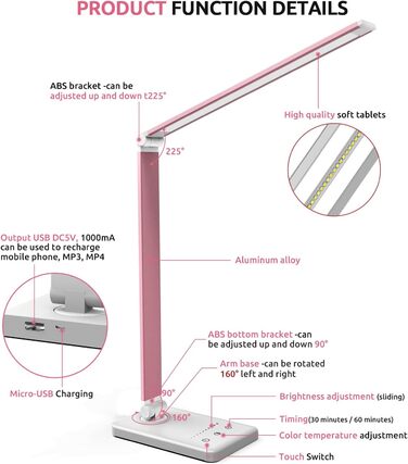 LED лампа настільна дитяча регульована рожева з акумулятором 2500mAh, 5 кольорів, 10 рівнів яскравості, сенсорне управління, складана