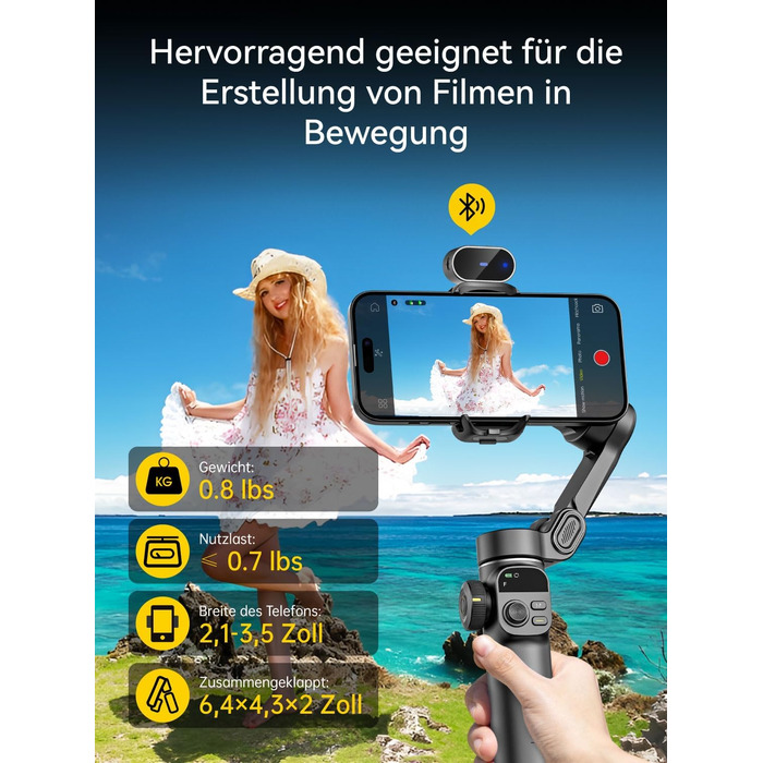 Стабілізатор Gimbal AOCHUAN для iPhone/Android з 7.8-дюймовою штангою та OLED-дисплеєм - 3-осьовий, чорний