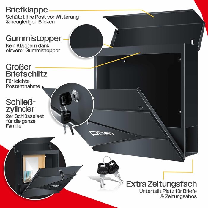 Поштовий ящик KESSER з газетницею, нержавіюча сталь, сріблясто-антрацитовий, 2 ключі, настінний монтаж, з м'яким закриттям кришки, комплект для кріплення