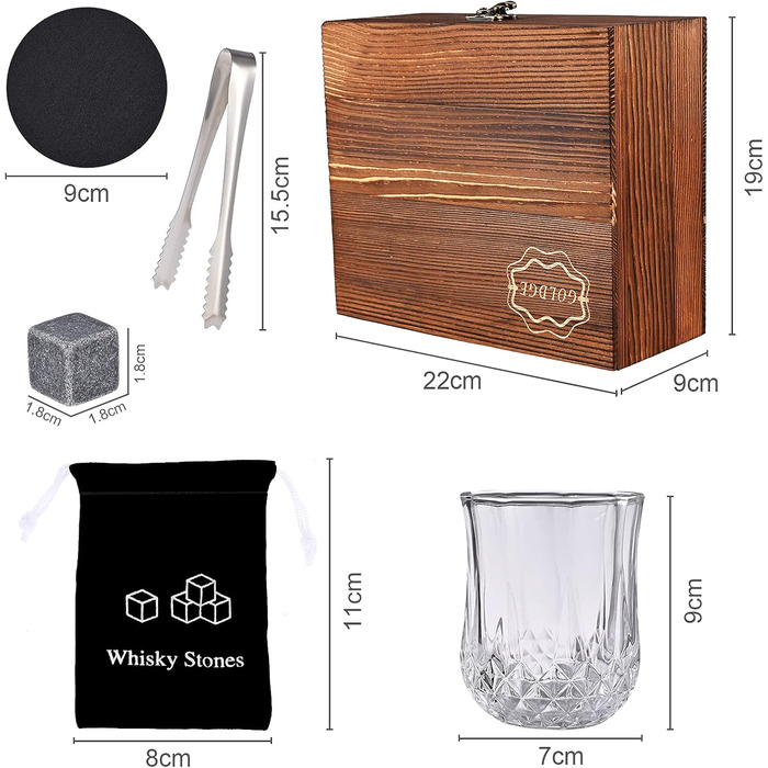 Набір для віскі GOLDGE: 2 келихи, пінцети, підставки, охолоджуючі камені