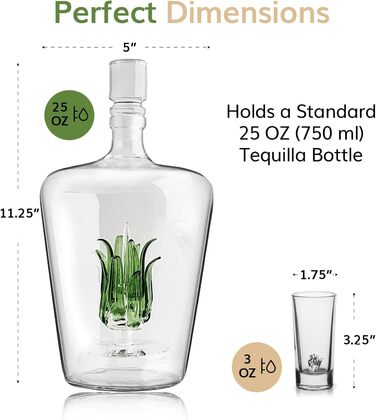 Agave Tequila Decanter Set with Glasses - 750ml Decanter & 6 Shot Glasses - Cinco de Mayo Party Decor - Perfect Gift for Tequila Lovers