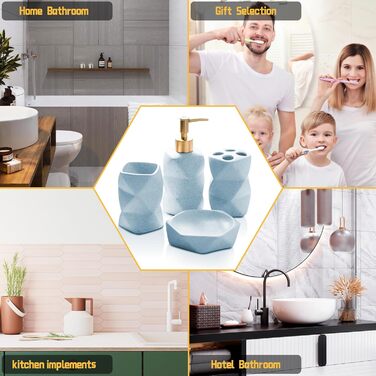 Bathroom Accessories Set, Blue Bathroom Accessories Set, Soap Dispenser, Toothbrush Holder, Cup, Soap Dish, Modern, Elegant, Bathroom Organizer, Ceramic Bathroom Decor Set (Blue)