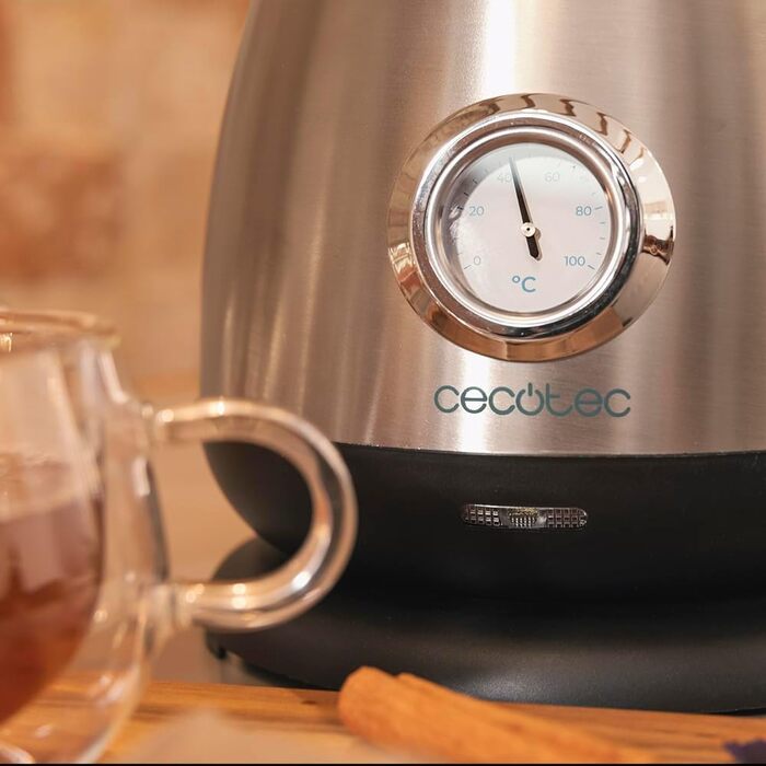 Cecotec 1.7L Retro Stainless Steel Electric Kettle with Thermosense - Fast Boiling, 360° Base, Analog Thermometer, Anti-Scale Filter, BPA-Free