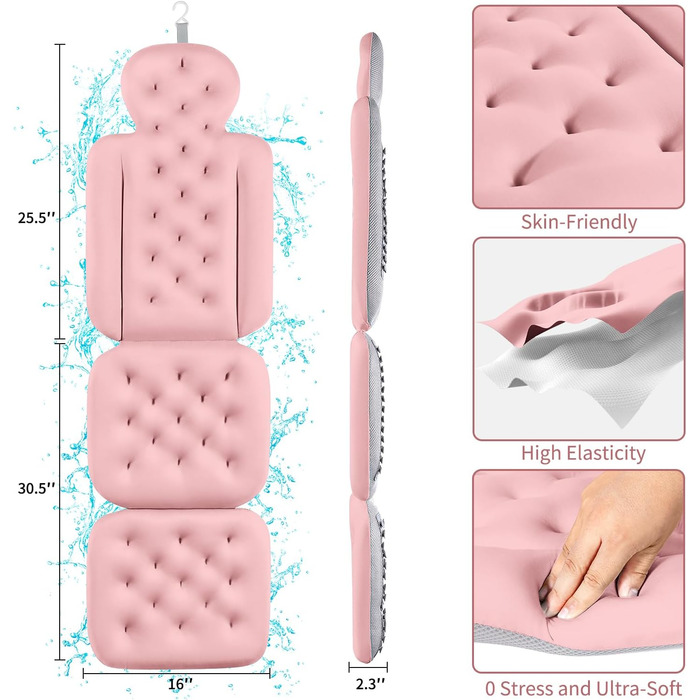 Full Body Bathtub Pillow with 160 Suction Cups - Head & Neck Support Bath Mat with Laundry Bag (Dark Gray & Light Pink, 130x41cm / 51.2' x 16.2')