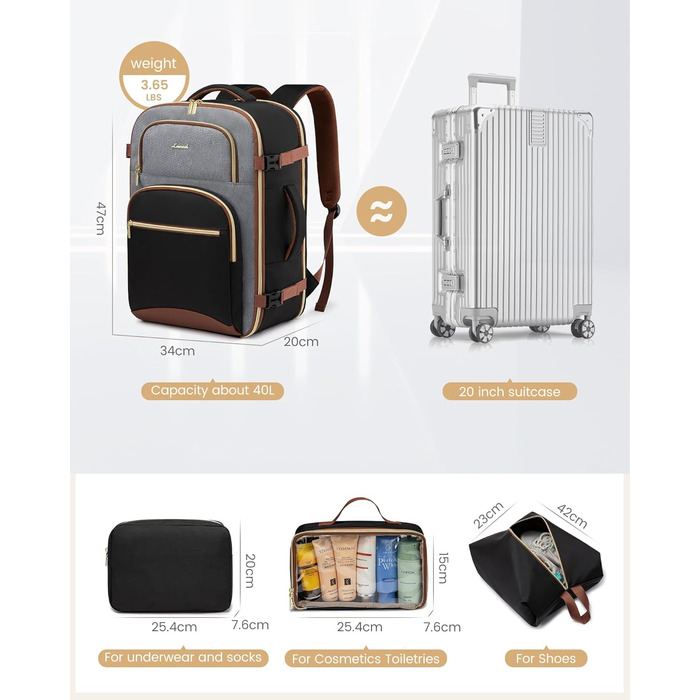 LOVEVOOK Рюкзак ручної поклажі для подорожей, 40L, чорно-сіро-коричневий. Рюкзак для жінок та чоловіків, 17.3 дюйми, водонепроникний, для авіаперельотів, кемпінгу та бізнесу
