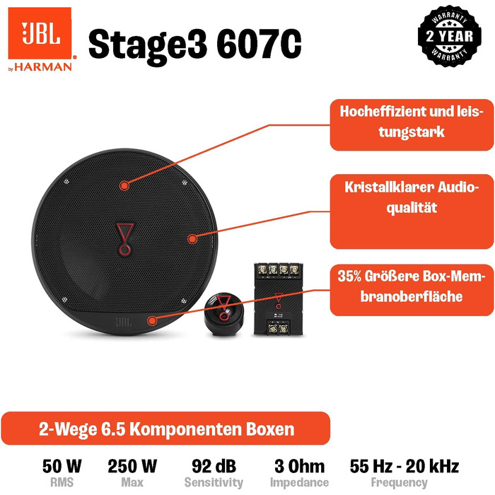 JBL Stage3 607C 2-смугова автомобільна аудіосистема 250 Вт, компонентна акустика JBL Pro Sound, набір динаміків з 16 см мідбасами та твітерами для авто
