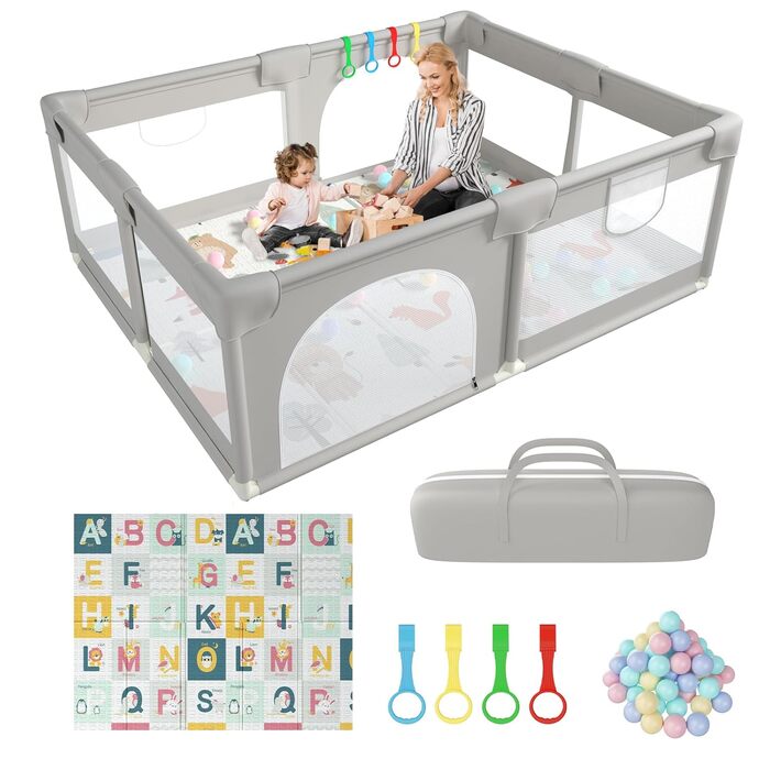 Playpen Baby, 200x160 CM Extra-large playpen for indoor and outdoor use, baby playpen with soft, breathable mesh, includes 50 balls, 6 pull rings