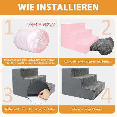 Non-slip Dog Stairs for Small Dogs 3-Step, Dog Stairs Dog Ramp for Bed and Sofa made of High-Density Sponge, Pet Stairs with Removable, Washable Cover and Non-Slip Bottom, 45x40x34cm