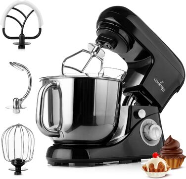 Lehmann Planetary Kitchen Machine with Stainless Steel Bowl 5 L, Multifunction Mixer 2200 W, 6 Speed Dough Machine, incl. Splash Guard, Dough Hook and Whisk (Black)