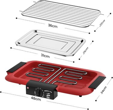 Електричний гриль для столу, BBQ-гриль, бездимний антипригарний гриль для дому та вулиці, 2000W, подвійна труба, портативний, знімний, потужний (Класичний червоний)