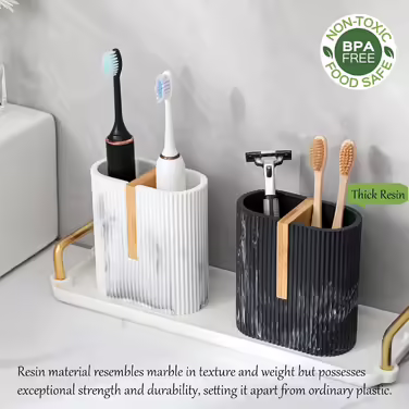 Rejomiik Toothbrush Holder, Electric Toothbrush Holder for Bathroom, Bamboo Toothbrush and Toothpaste Storage Organizer for Sink, Countertop, Marble White