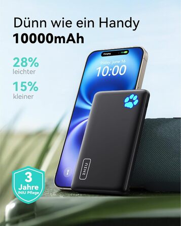 Power Bank INIU 10000mAh, ультратонкий, USB C, 3A, ліхтарик, сумісний з iPhone, Samsung, Huawei, чорний
