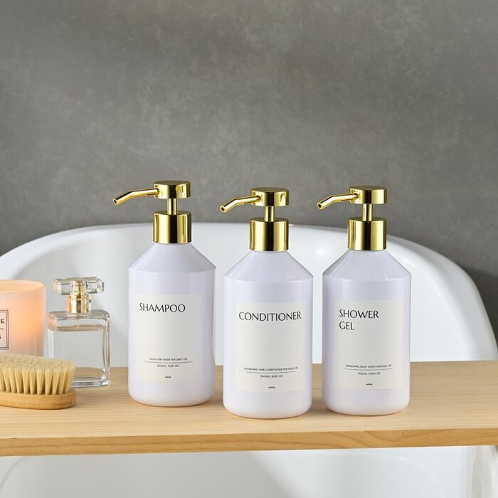 Набір з 3 сеппенсерів для кріплення на стіну, 500 мл, дозатор для шампуню/гелю для душу, чорний, без свердління, для кухні та ванної кімнати (біла пляшка + золотий дозатор)