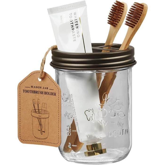 Mason Jar Bathroom Accessory Set, 4 Piece, Foaming Soap Dispenser & 2 Qtip Holders & Toothbrush Holder, Rustic Farmhouse Decor, Apothecary Glass, Countryside Countertop (Black) (Farmhouse, Bronze)