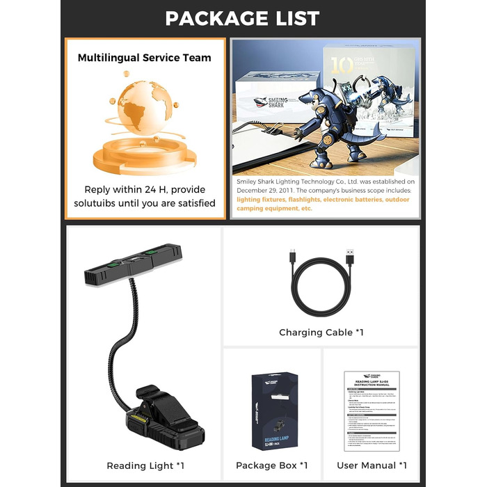 Ліхтарик для читання Smiling Shark LED, USB, 1200 mAh, 3 режими кольору, 6 режимів яскравості, гнучкий, з кліпсою та датчиком, індикатор батареї