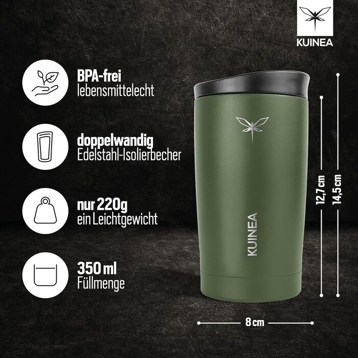 Термокружка для кави KUINEA To Go 350 мл, нержавіюча сталь, 6 годин тепла, з гігієнічним клапаном, без BPA, зелена