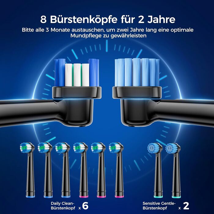 Електрична зубна щітка з круглою голівкою – 50 000 рухів/хв, 8 насадок, 3 режими інтенсивності та 5 режимів чищення, до 120 днів роботи, IPX7, кейс для подорожей та тримач, для дорослих та дітей (Чорний, 1 комплект)