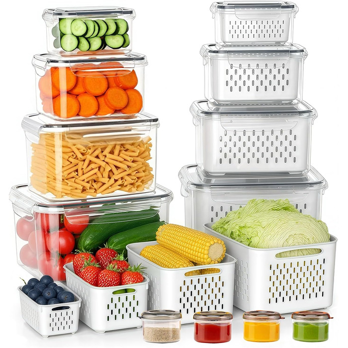 50 великих контейнерів для зберігання їжі з кришкою, герметичні | Без BPA | Стекніть | Для приготування їжі | Морозильник та мікрохвильова піч | 25 контейнерів + 25 кришок | Безпечні від протікання (24 контейнера для зберігання їжі)
