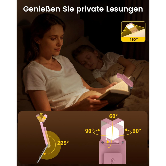Світлодіодна кліпса для читання Glocusent 12 LED з затискачем, рожева: лампа для книги в ліжко, 5 кольорів, 5 рівнів яскравості, 100 годин роботи, для дітей та любителів читати