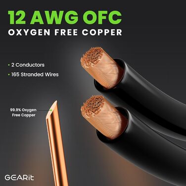 Акустичний кабель GEARit OFC 14 AWG HiFi для колонок, 2-жильний з позолоченими банановими роз'ємами, 4.57 м, чорний (2 шт. у комплекті)