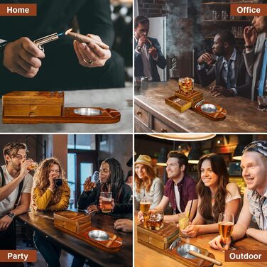 Wooden cigar ashtray, ashtray with whiskey tray and cigar holder + 1 cigar cutter, cigar humidor box with wine holder, for home, office or bar, men's birthday anniversary.