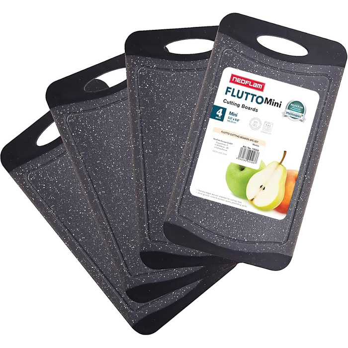 Набір дощок для сніданку NEOFLAM® 25x14 см, 4 шт. - Дошки для нарізання з пластику, BPA-free, антибактеріальні, з жолобком для соку, чорний мармур, стійкі до миття в посудомийній машині