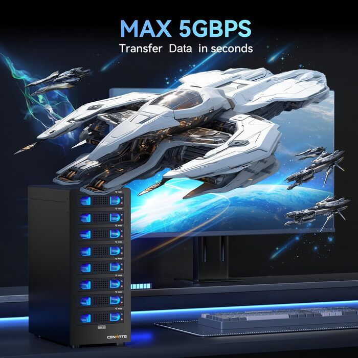 Корпус для жорстких дисків CENMATE з 8 відсіками (2.5'/3.5') SATA HDD/SSD, USB 3.0, Daisy Chain, DAS