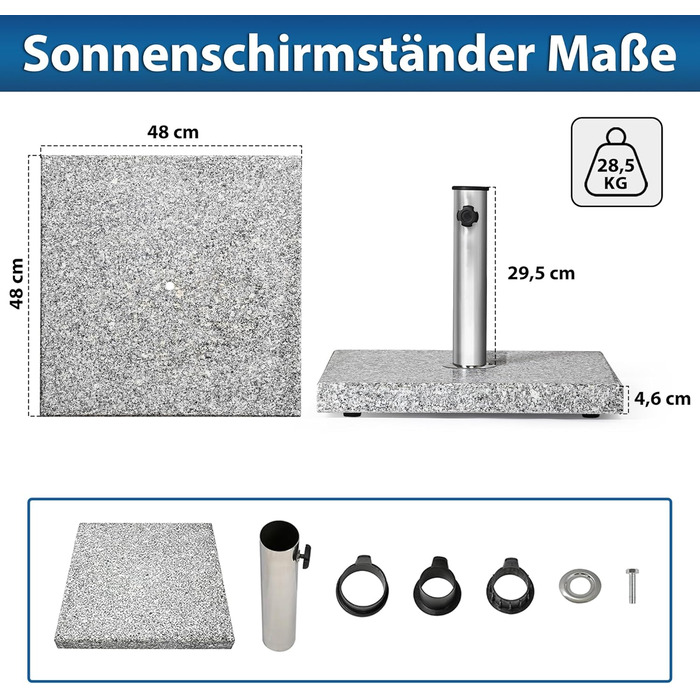 Paramondo Umbrella Stand - Granite Umbrella Stand, Square, 48 x 48 cm, with adapter sleeves, for medium-sized umbrellas
