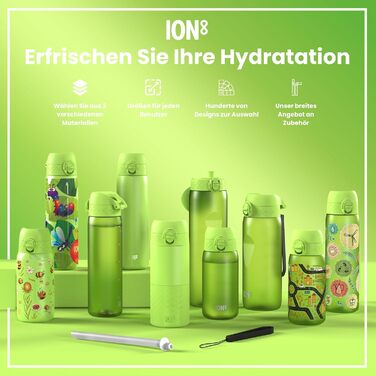 Ion8 Stainless Steel Drinking Bottle, 600 ml, Leak-Proof, One-Hand Operation, Secure Locking Mechanism, Dishwasher Safe, Flip-Top Lid, Carrying Handle, Easy to Clean, Durable & Scratch-Resistant (Stainless Steel, Khaki Green)
