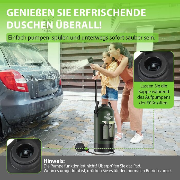 Сонячний душ для кемпінгу на 20 літрів з насосом та сумкою, зелений