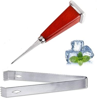 Stainless steel ice pick with ice tongs, pick tool for breaking ice, non-slip wooden handle for easy gripping, 16.5 cm length
