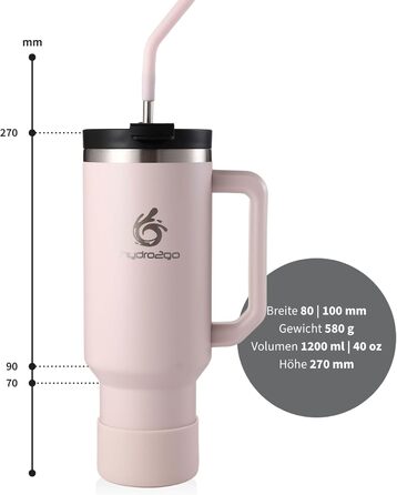 Термокружка Hydro2Go з трубочкою – BPA-free, придатна для миття в посудомийній машині, 10 годин гаряче/12 годин холодне, термокружка To-Go (1200 мл, Рожевий)