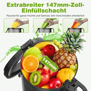 Шнекова соковижималка Entsafter з XL-завантаженням 147 мм, 400 Вт, чаша 1.8 л, BPA-free, для цілих овочів та фруктів (2 склянки у комплекті)