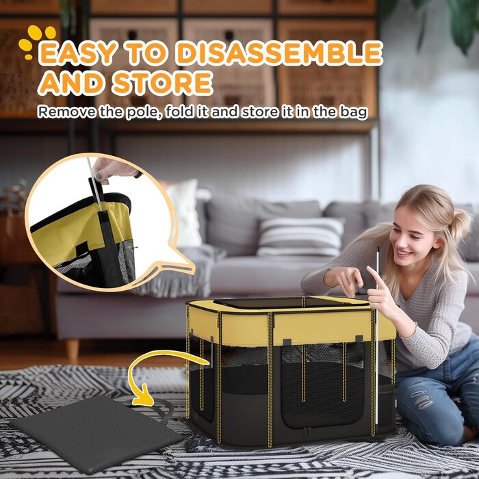 Клітка для собак PawHut, 94 x 74 x 60 см, розмір S, жовта, складана, з сумкою для зберігання